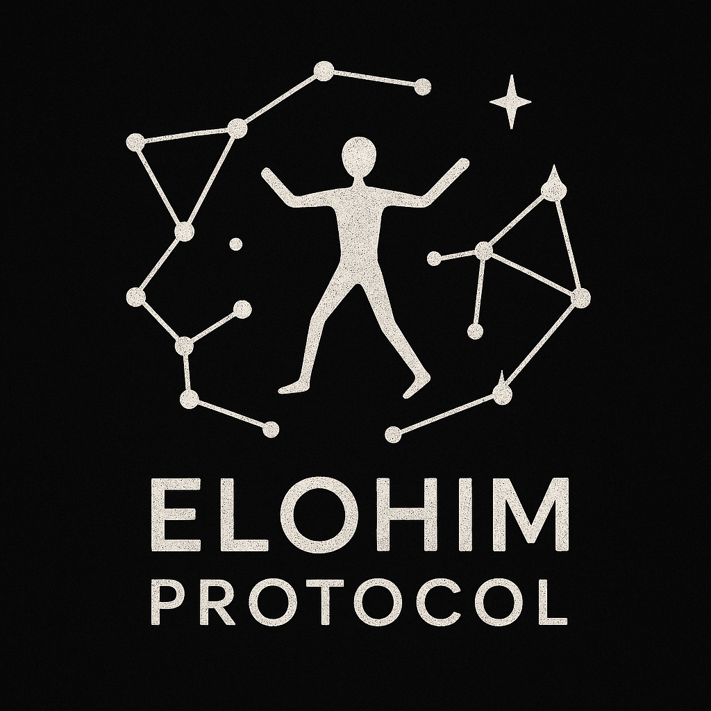 Elohim Protocol Logo — a Vitruvian figure with arms outstretched within a distributed network graph of heavenly stars, representing human agency at the center of decentralized infrastructure
